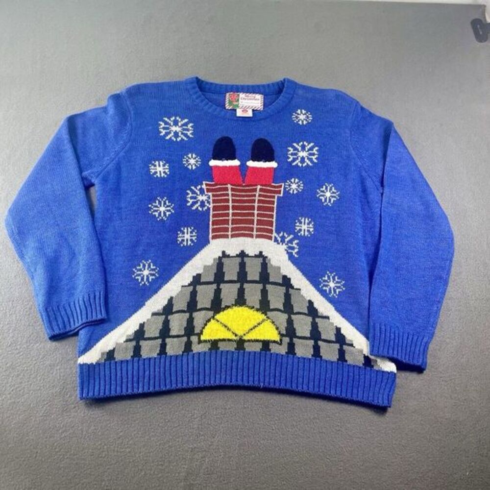 Merry Christmas‎ Men Sweater Blue Acrylic M Santa Chimney Ugly Holiday Knit